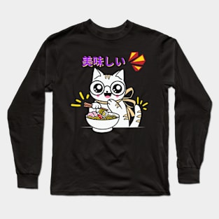 kawaii cute anime white cat eating ramen Long Sleeve T-Shirt